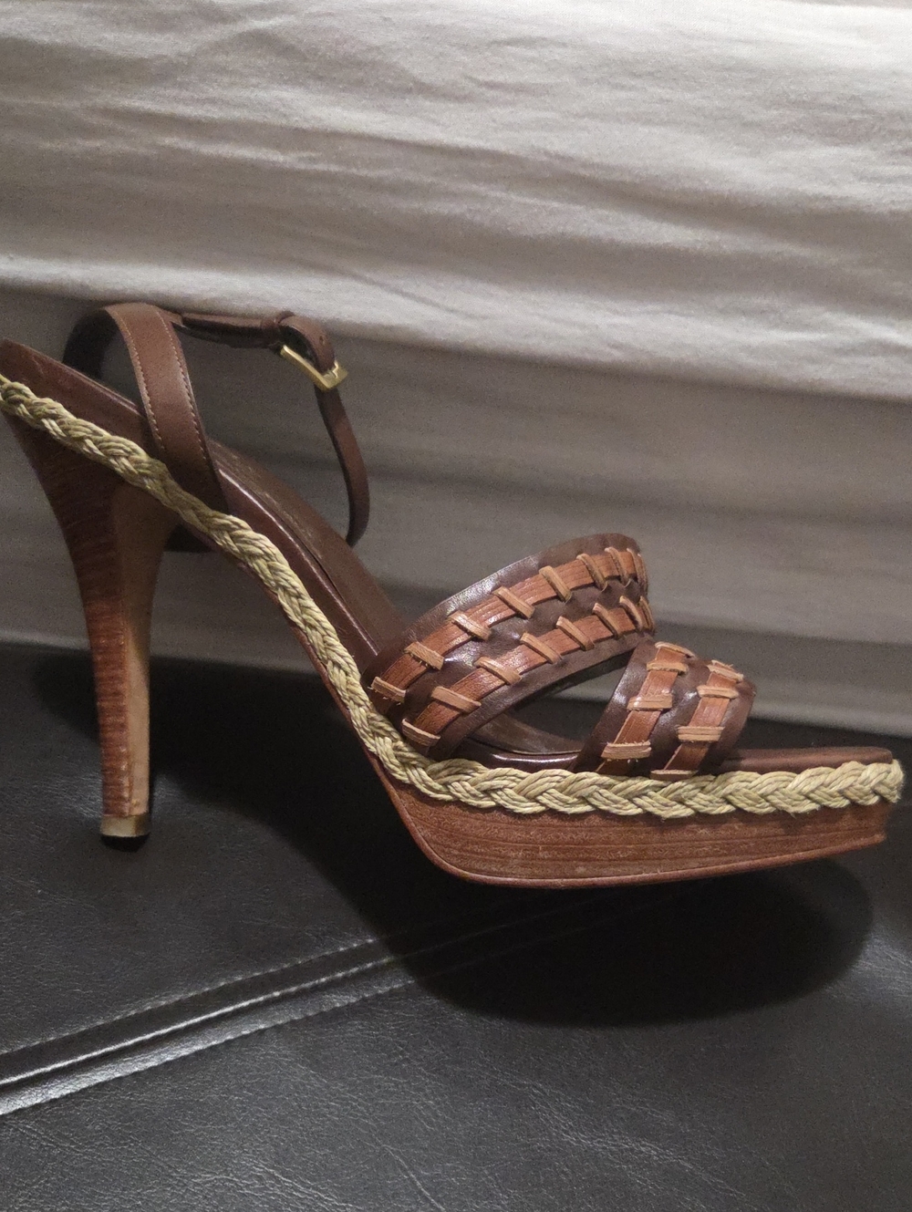 Cole Haan Vanessa Nike Air Brown Woven Leather Platform Heels Ankle Strap Sz 10 - Picture 12 of 13